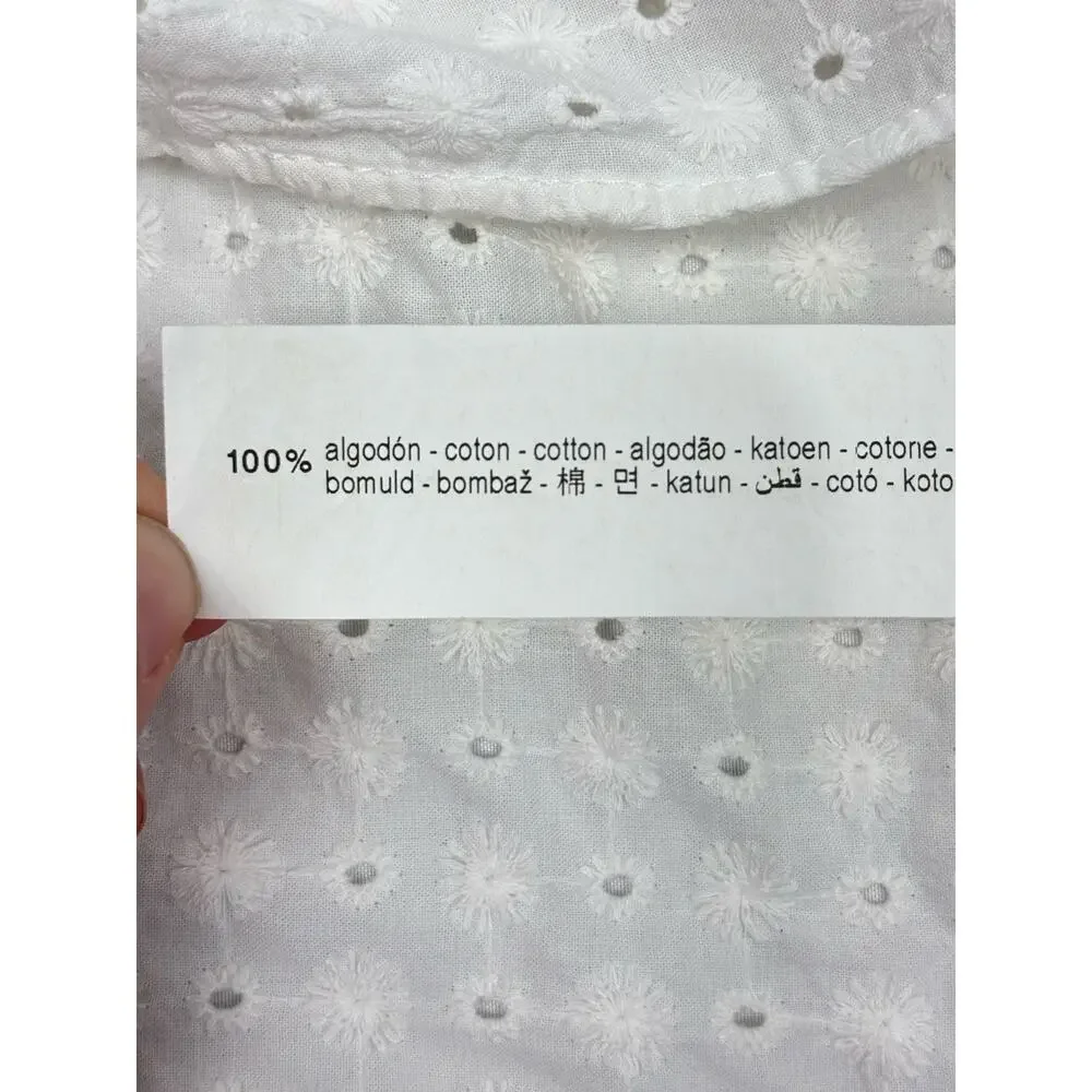 Zara Women 100% Cotton Embroidered Eyelet Off White V-neck Popover Size M